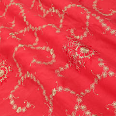 Tiger Orange Chanderi Motif Golden Zari Embroidery Fabric