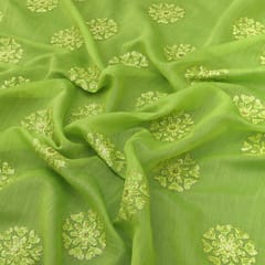 Light Green Chanderi Silk Golden Sequins Threadwork Embroidery Fabric