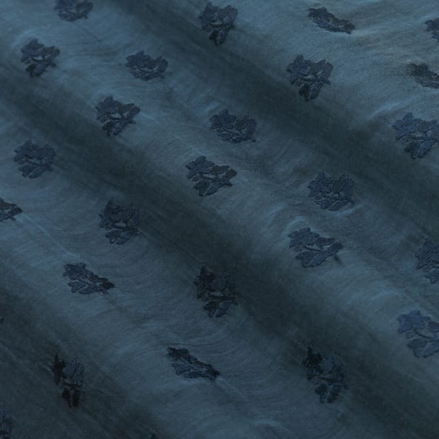 Teal Blue Chanderi Threadwork Embroidery Fabric