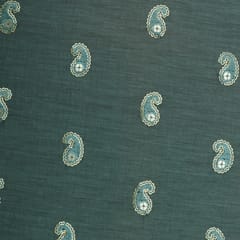 Teal Blue Chanderi Silk Sequins Embroidery Fabric