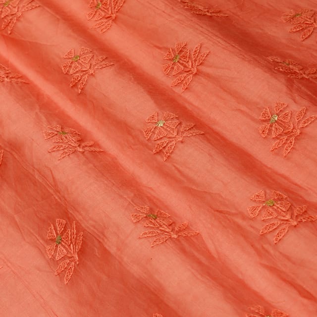 Rose Red Cotton Chanderi Floral Sequin Embroidery Fabric