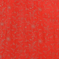Crimson Red Chanderi Silver Threadwork Embroidery Fabric