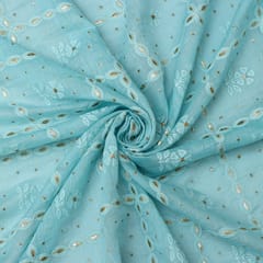 Baby Blue Cotton Chanderi Floral Silver Threadwork Embroidery Fabric