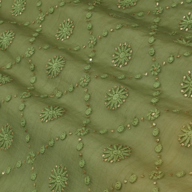 Olive Green Cotton Chanderi Box Pattern Sequin Embroidery Fabric