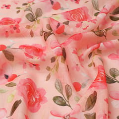 Bubblegum Pink Linen Floral Digital Print Border Fabric