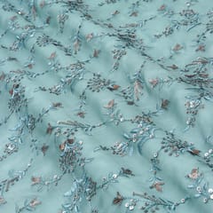Stone Blue Chinon Floral Sequins Embroidery Fabric
