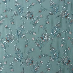 Stone Blue Chinon Floral Sequins Embroidery Fabric