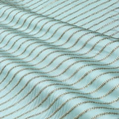 Powder Blue Chinon Golden Zari Stripe Embroidery Fabric