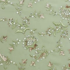 Mint Green Chinon Floral Sequins Embroidery Fabric