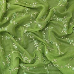 Parrot Green Chanderi Threadwork Floral Embroidery Fabric
