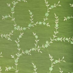 Parrot Green Chanderi Threadwork Floral Embroidery Fabric