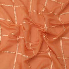 Carrot Orange Chanderi Floral Stripe Threadwork Sequin Embroidery Fabric