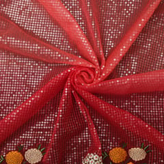 Blood Red Organza Sequins Floral Threadwork Embroidery Border Fabric