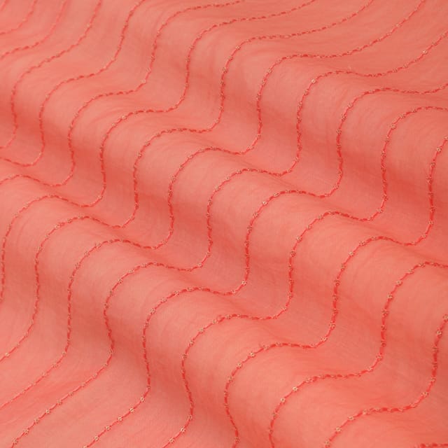 Peach Cotton Chanderi Stripe Sequin Embroidery Fabric