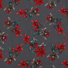 Steel Grey Red Floral Print Crepe Fabric