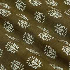 Olive Green and White Flower Print Cotton Fabric
