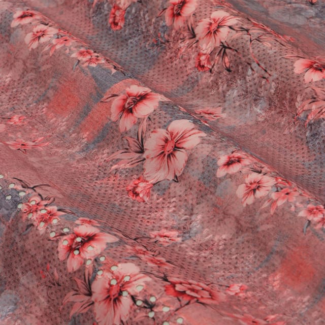 Mulmul Bublegum Pink Overlay Floral Print Embroidery Fabric
