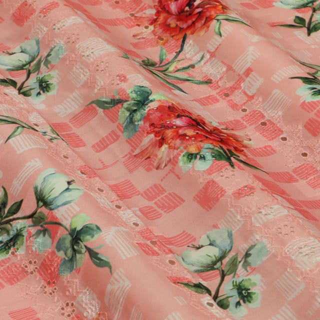 Mulmul Rosepetal Pink Overlay Floral Print Embroidery Fabric