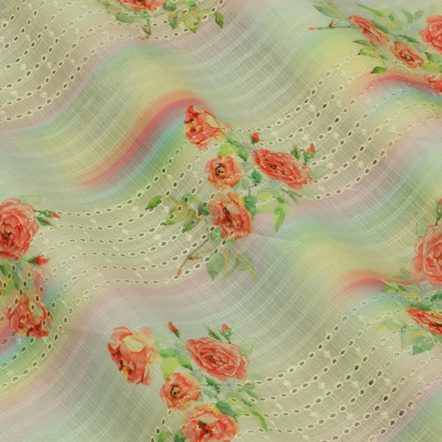 Mulmul rainbow Shade Overlay Floral Print Embroidery Fabric