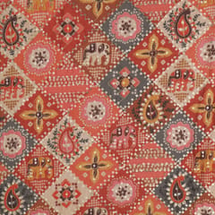 Warm-Toned Motif Print Embroidered Chinon Fabric