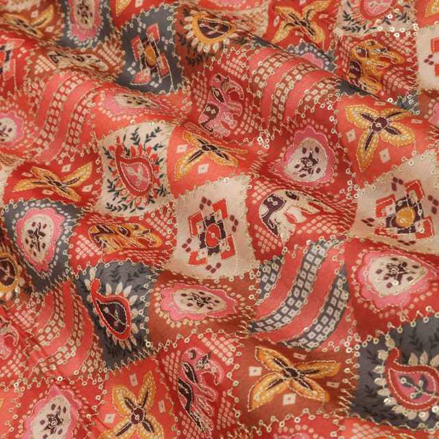 Warm-Toned Motif Print Embroidered Chinon Fabric