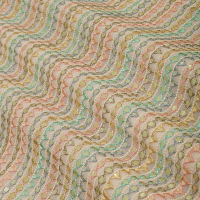 Baby Pink with Rainbow Stripe Embroidery Georgette Fabric