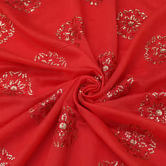 Scarlet Red Motif Embroidery Chanderi Fabric