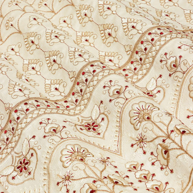 Cream Nokia Silk Golden Zari Floral Embroidery Fabric