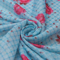 Sky Blue Chanderi Silver Stripe Zari Work With Floral Print Fabric