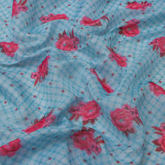Sky Blue Chanderi Silver Stripe Zari Work With Floral Print Fabric