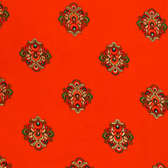 Deep Orange Cotton Floral Foil Print Fabric