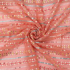Salmon Pink Sequins Embroidery Georgette