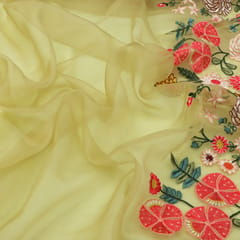 Canary Yellow with Floral Embroidery Organza Fabric
