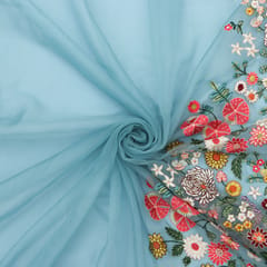 Sky Blue with Floral Embroidery Organza Fabric