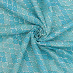 Sky Blue Toned Position Print Embroidery Dupion Silk Fabric