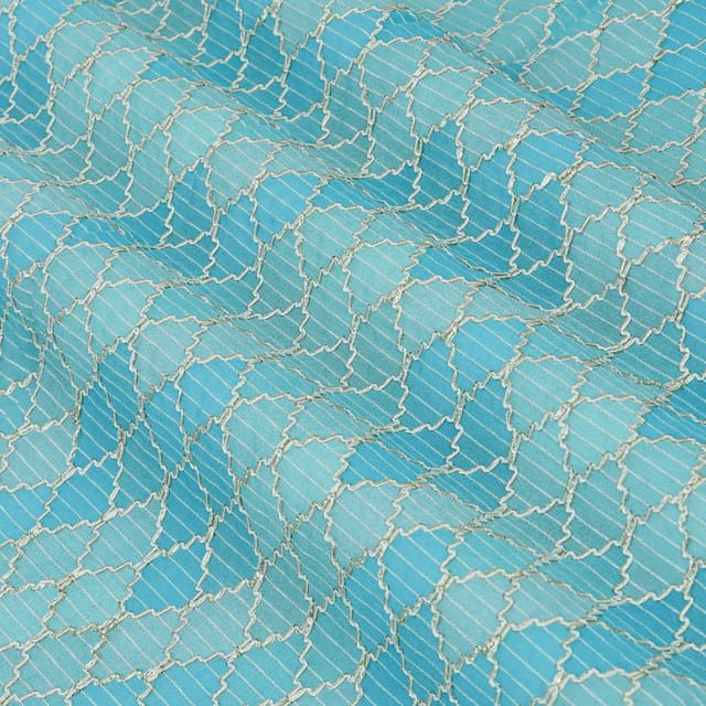 Sky Blue Toned Position Print Embroidery Dupion Silk Fabric