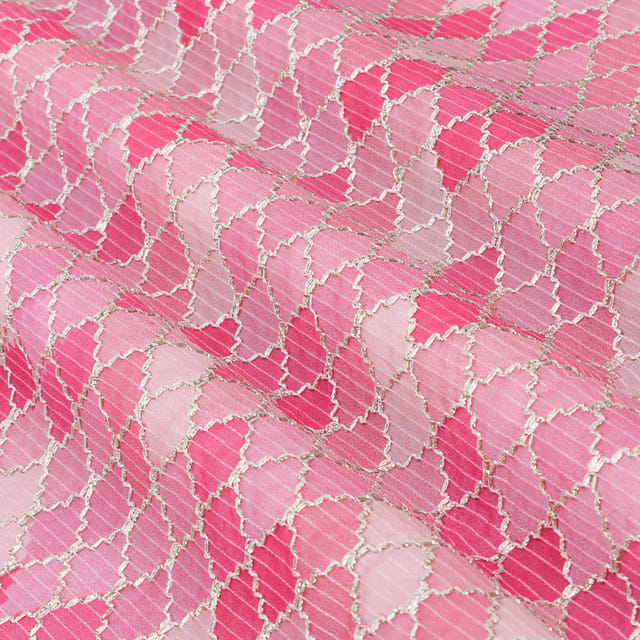 Bubblegum Pink Toned Position Print Embroidery Dupion Silk Fabric