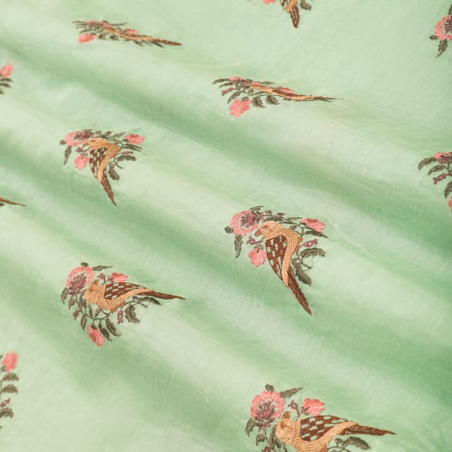 Mint Green Floral Embroidery Chanderi Cotton Fabric