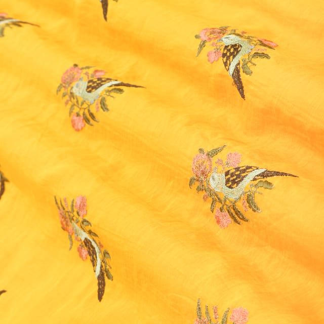 Marigold Yellow Bird Embroidery Chanderi Cotton Fabric