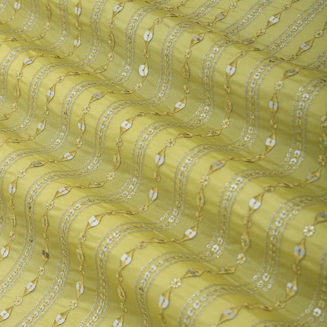 Lemon Yellow Chinon Sequin Stripe Embroidery Fabric