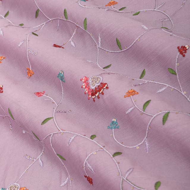 Lavendar Chinon Floral Threadwork Sequin Embroidery Fabric