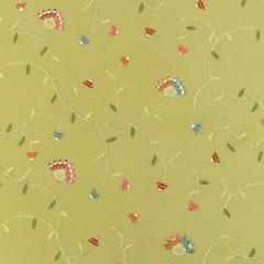 Butter Yellow Chinon Floral Threadwork Sequin Embroidery Fabric