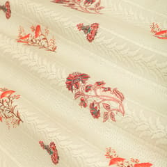 Pearl White and Pink Embroidery Floral Motif Print Cotton Fabric