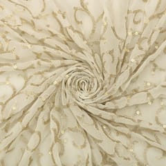 Pearl White Threadwork and Sequins Embroidery Georgette Fabric
