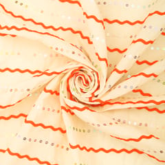 Off-White and Orange Threadwork Sequins Embroidery Kora Cotton Fabric