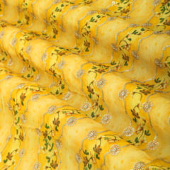 Canary Yellow Floral Stripe Print Embroidery Chinon Fabric
