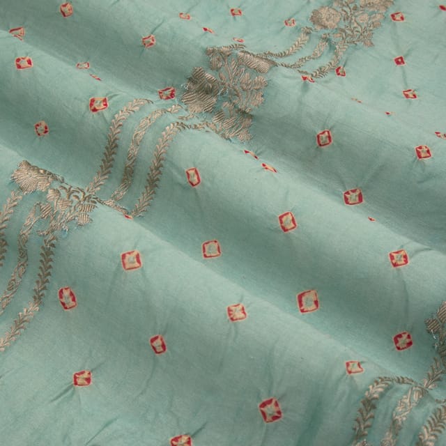 Beautiful Bandhani Embroidery With Silver Floral Zariwork On Blue Brocade Fabric