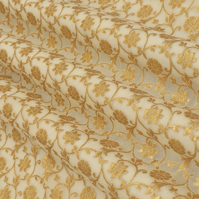 White Chanderi Floral Golden Zari Brocade Fabric