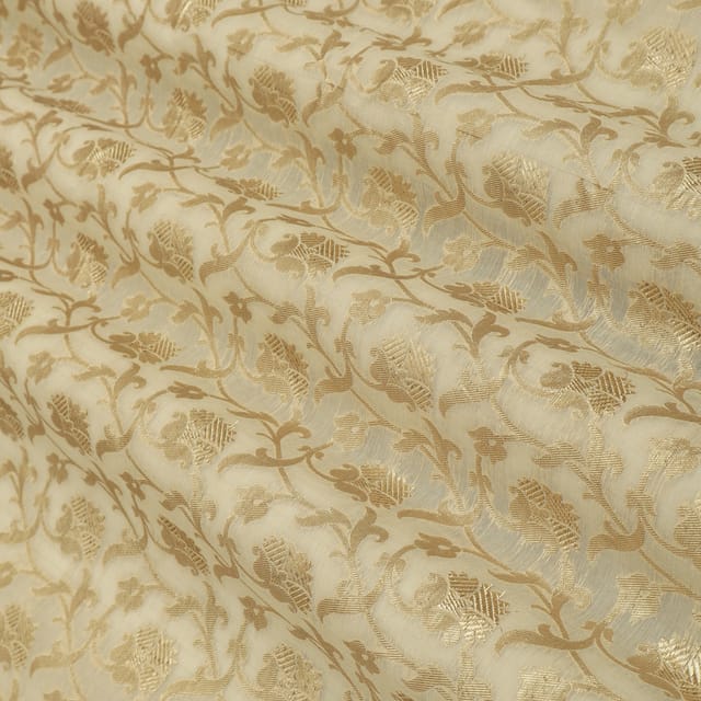 Linen White Chanderi Motif Dim Golden Zari Brocade Fabric