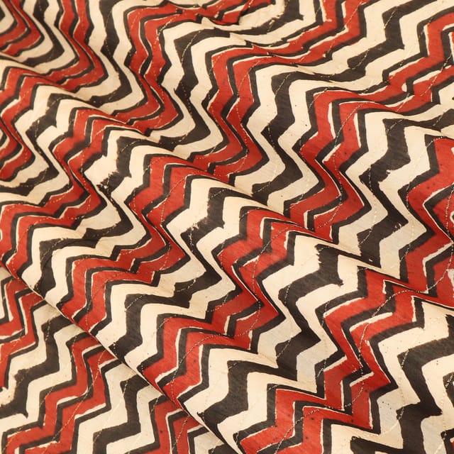 Brick Red and Black Zig ZAg Print Kalamkari Lurex Embroidery Fabric